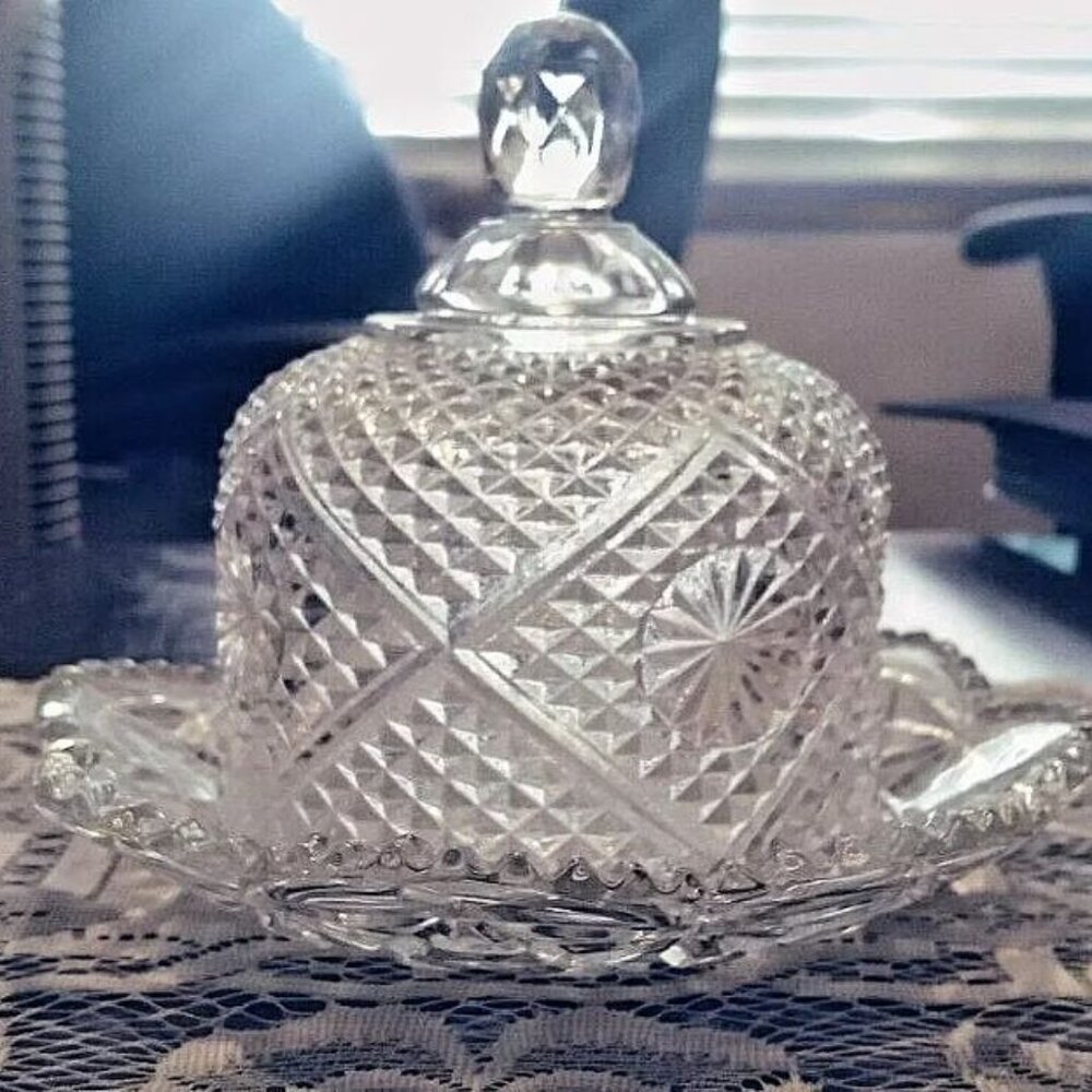 Avon Fostoria Cut Glass Covered Butter or Cheese Dish Set with Dome. Avon Fostor